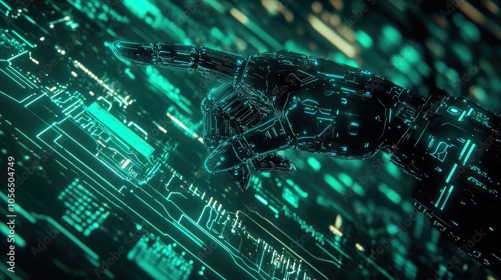 Aufkleber Advanced robot hand pointing at digital network background, with circuit board and glowing tech