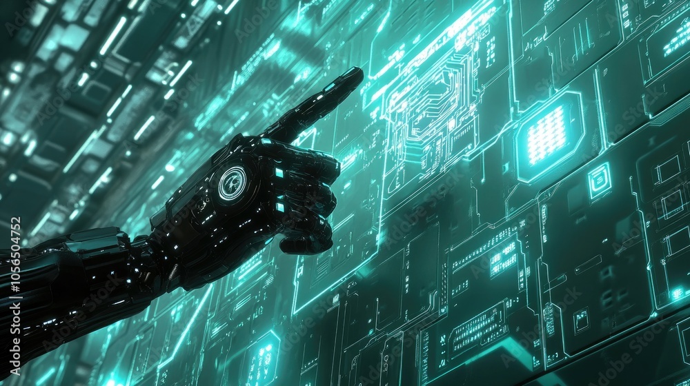 Aufkleber Advanced robot hand pointing at digital network background, with circuit board and glowing tech