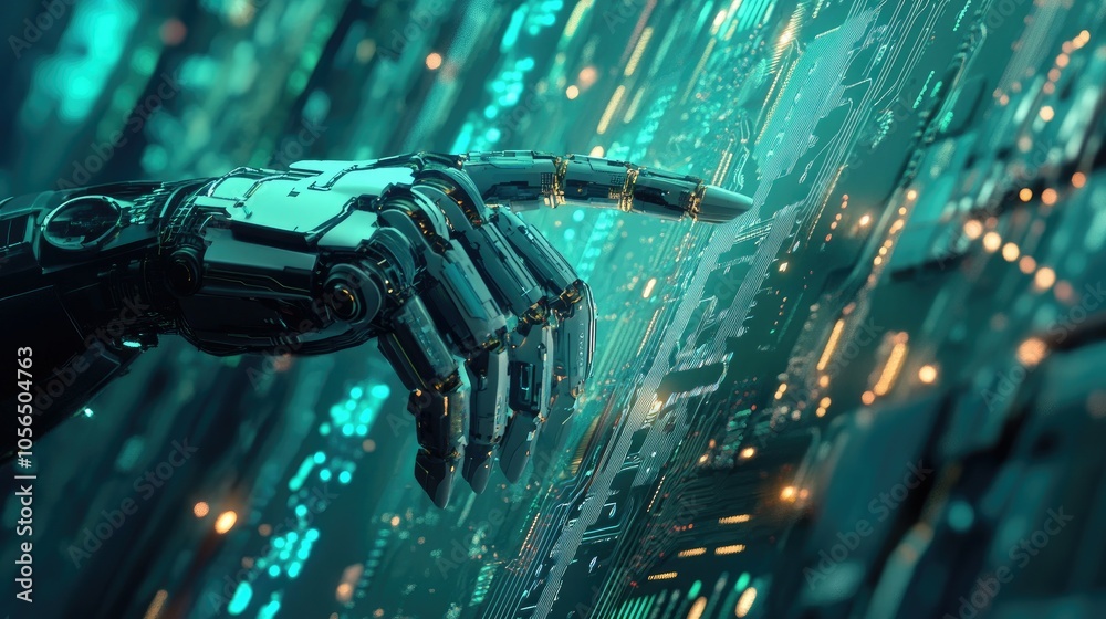 Aufkleber Advanced robot hand pointing at digital network background, with circuit board and glowing tech