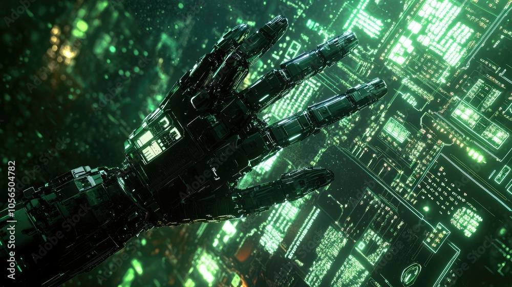 Aufkleber Advanced robot hand pointing at digital network background, with circuit board and glowing tech