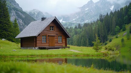 Obraz premium Charming wooden cabin nestled in a serene mountain landscape, surrounded by lush greenery and a tranquil pond.