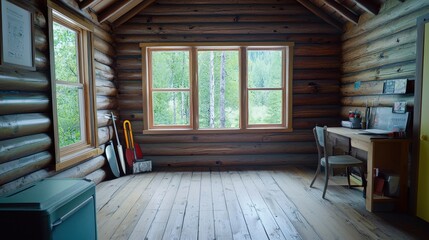 Fototapeta premium A serene log cabin interior with natural light, featuring wooden floors and a rustic desk surrounded by greenery.