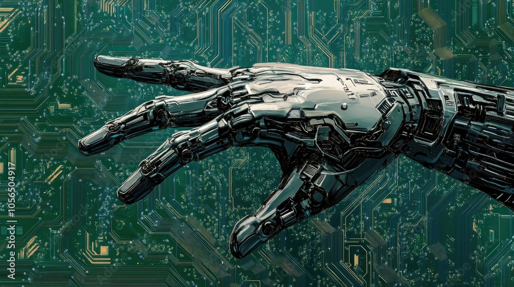 Poster AI robot hand reaching towards a digital circuit board background, futuristic and tech-focused