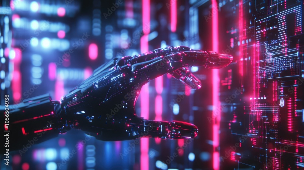 Poster AI robotic hand gesturing towards tech interface, surrounded by digital circuits and lights