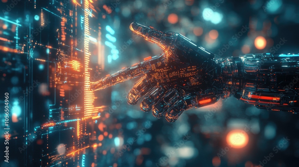 Leinwandbilder ai robotic hand gesturing towards tech interface, surrounded by digital circuits and lights