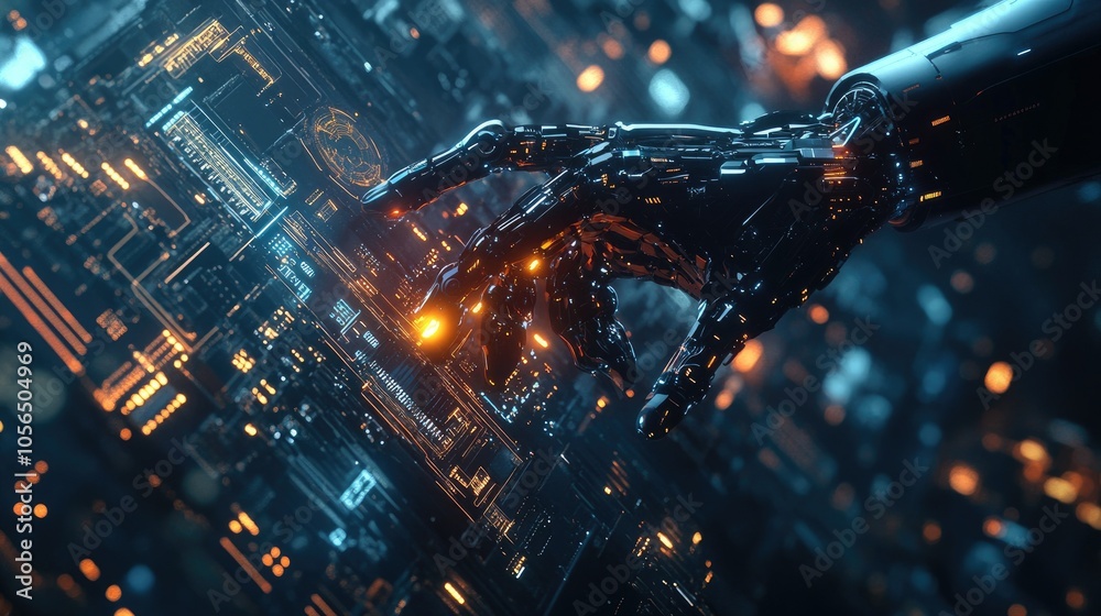 Poster AI robotic hand gesturing towards tech interface, surrounded by digital circuits and lights