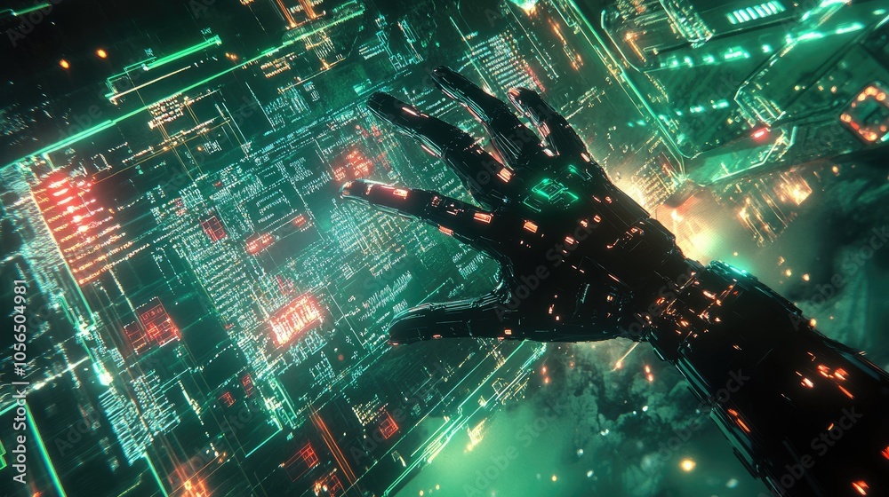Poster AI robotic hand gesturing towards tech interface, surrounded by digital circuits and lights
