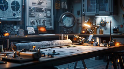 A dimly lit workspace features a large table covered with blueprints, tools, and gadgets, surrounded by vintage equipment and monitors, evoking a scientific exploration theme.