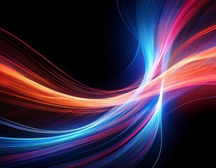 Fototapeta premium An abstract image featuring vibrant, flowing lines of light in shades of blue, pink, and orange. The lines curve and intertwine against a black background