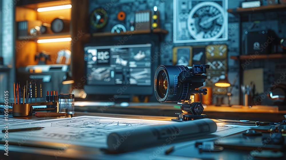 Poster a cozy workshop scene featuring tools and a camera on a desk, illuminated by warm lighting, ideal fo