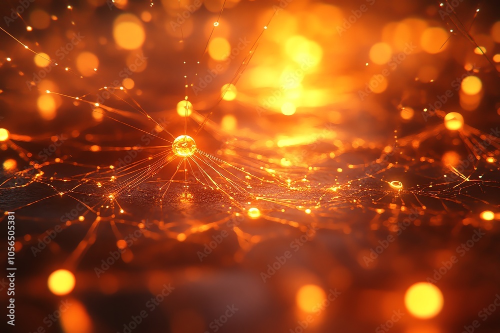 Poster Abstract background of golden bokeh lights and shiny sparkling lines on a black background.
