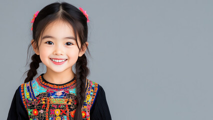 Chinese little girl in traditional bunad folk costume isolated on gray