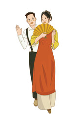 Elegant Bride in Ao Dai and Stylish Groom – A Unique Wedding Illustration