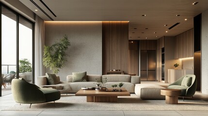 A modern living room with a light gray sofa, sage-colored accent chairs, and a natural wood coffee table to create a calm and natural atmosphere