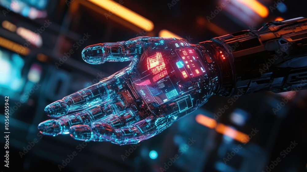 Poster close-up of a robotic hand with transparent layers, futuristic aesthetic with neon lights