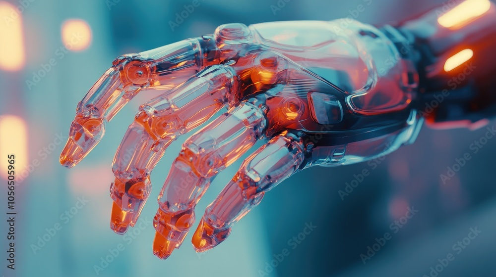 Poster close-up of a robotic hand with transparent layers, futuristic aesthetic with neon lights