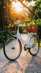 Fototapeta premium Vintage bicycle parked on a sunny path surrounded by greenery