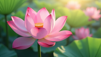Obraz premium Beautiful Pink Lotus Flowers and Leaves in a Sunlit Pond.
