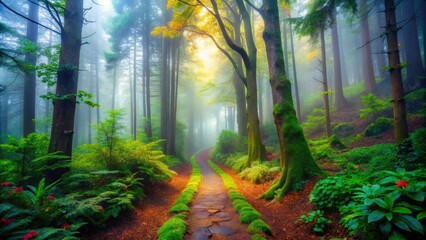 Obraz premium Winding through a mysterious forest, an enigmatic path disappears into the fog, embraced by verdant trees and lush greenery, inviting exploration and wonder.