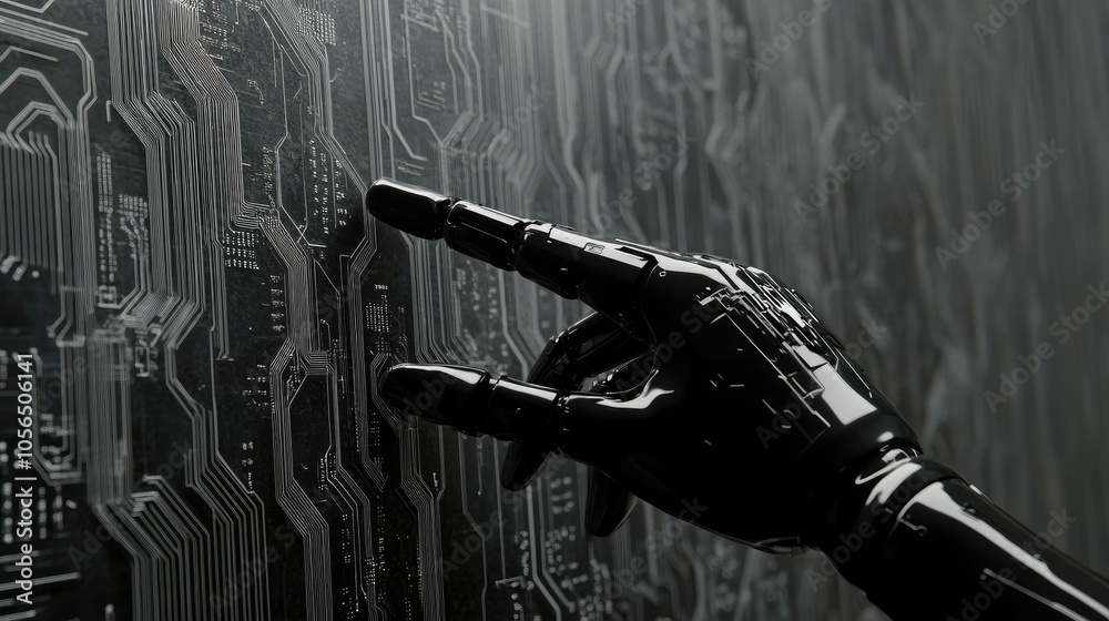 Poster Close-up of robotic hand pointing to virtual technology background with circuit lines