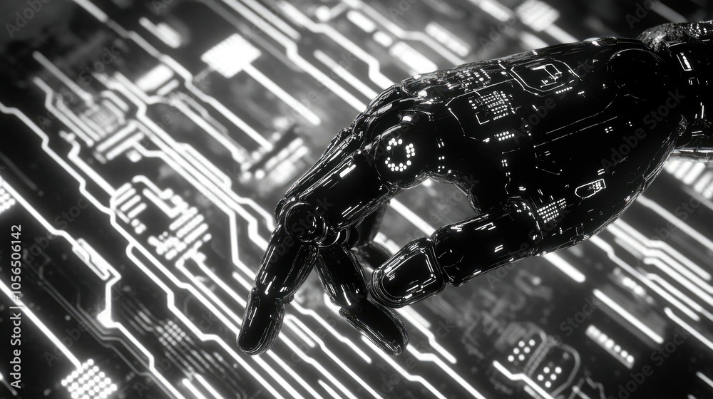 Poster Close-up of robotic hand pointing to virtual technology background with circuit lines