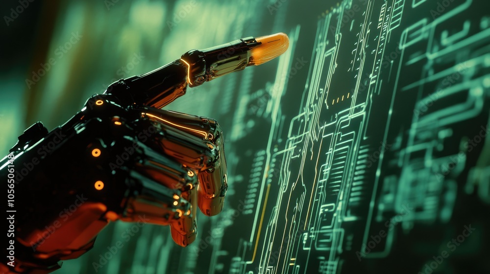 Poster Close-up of robotic hand pointing to virtual technology background with circuit lines