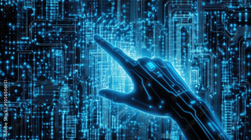 Poster Close-up of robotic hand pointing to virtual technology background with circuit lines