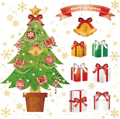 Naklejka premium christmas 水彩 クリスマス ツリー ギフト プレゼント オーナメント イラスト素材セット