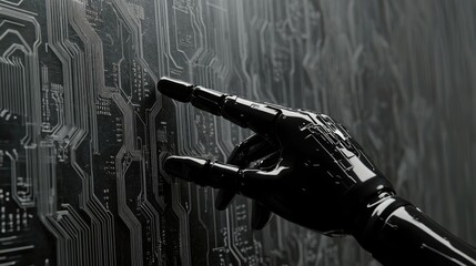 Close-up of robotic hand pointing to virtual technology background with circuit lines