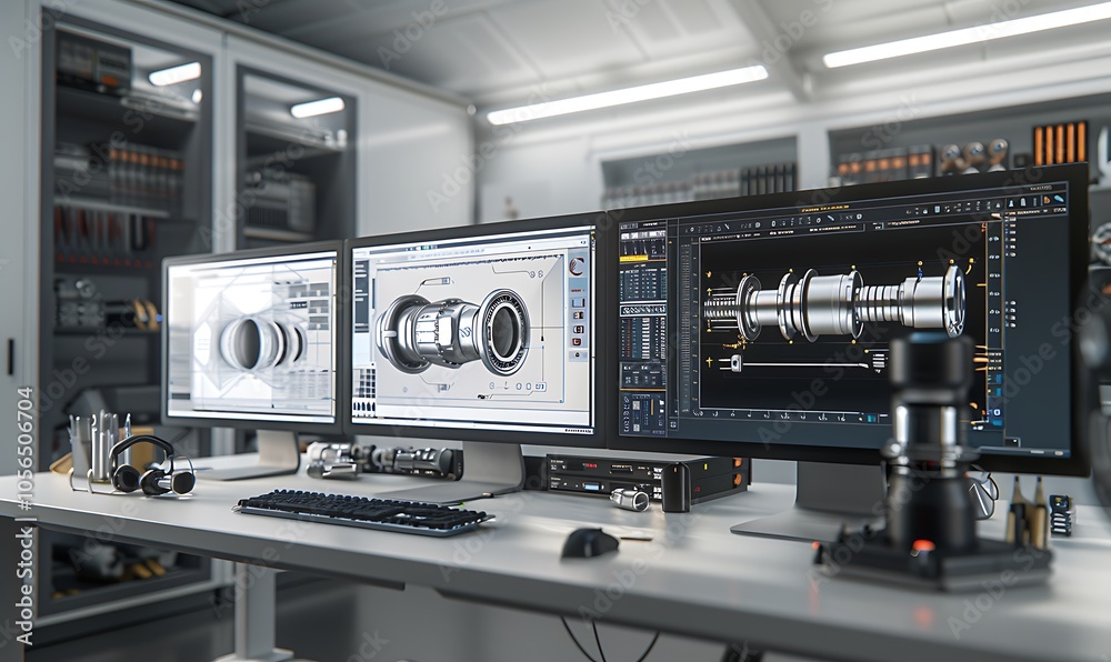 Leinwandbilder a modern workspace with three high-resolution monitors displaying intricate designs, featuring a cam