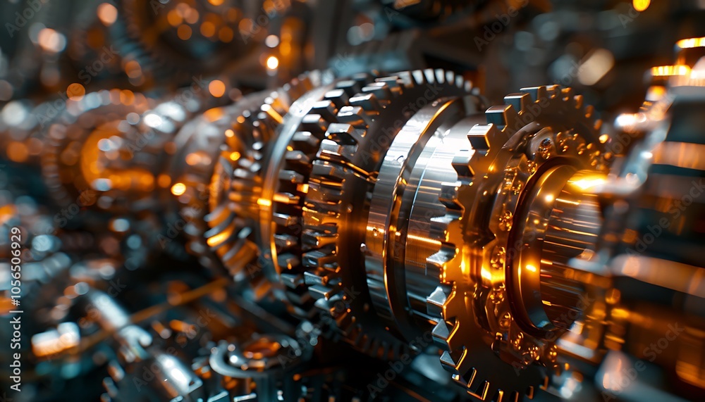 Aufkleber A close-up view of intricate metallic gears, showcasing their shiny surfaces and precise engineering in a mechanical setting.
