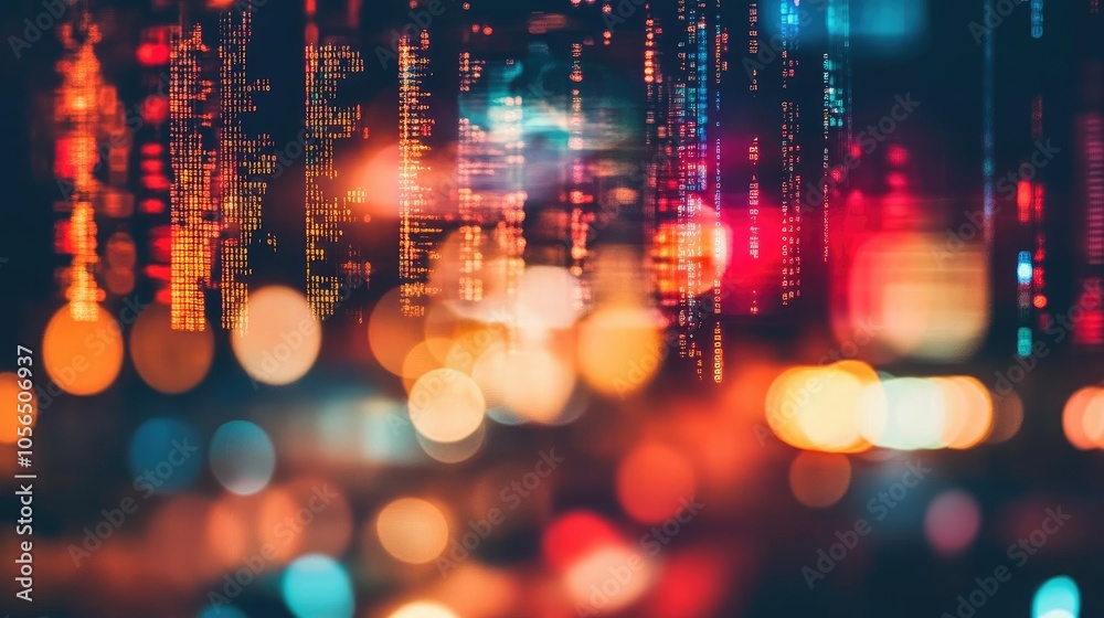Poster Floating code and bokeh lights, creating an abstract, high-tech visual with a digital feel