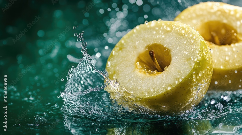 Poster fresh apple with splashing water on a dark green background, refreshing look