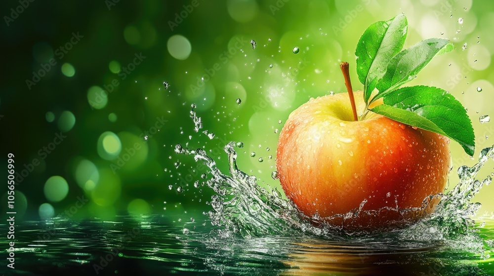 Poster fresh apple with splashing water on a dark green background, refreshing look