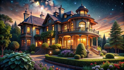 Obraz premium Night photography highlights the Jugendstil villa's stunning architectural features, with elegant lighting illuminating its intricate details, creating a mesmerizing atmosphere of artistic beauty.