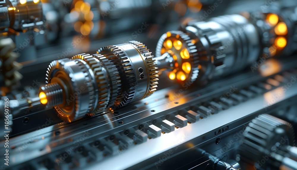 Poster A detailed, close-up view of metallic gears and components, featuring illuminated elements that suggest a high-tech, futuristic design.