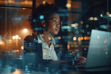 Office manager focusing intently on her laptop while surrounded by an animated virtual background during evening hours
