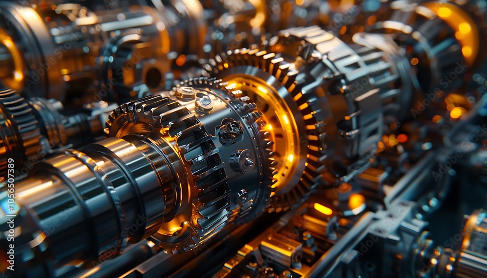 Poster a close-up view of intricate, metallic gears and machinery, glowing with warm light, showcasing adva