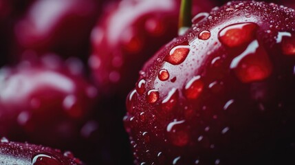 Fresh cherries covered in water drops, red and vibrant, a summer wallpaper aesthetic