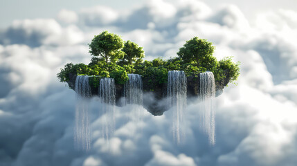 Floating islands with waterfalls cascading into the sky, 3d illustration. Cloud Forest. Illustration