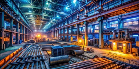 Fototapeta premium Workshop utilizing rolled steel bars integrated with holes and strained wires, tailored for industrial use, promoting strength and versatility in various applications.