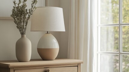 A white lamp with a beige base sits on a wooden table with a vase of dried flowers and a window with white curtains in the background.