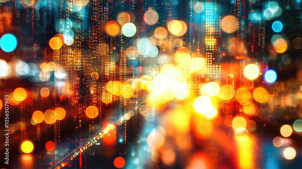 Poster Futuristic abstract background with digital code and vibrant bokeh lights