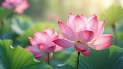 Obraz premium Beautiful Pink Lotus Flowers and Leaves in a Sunlit Pond.