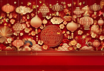 A red background with a large golden circle in the center surrounded by golden lanterns, paper flowers, and clouds.
