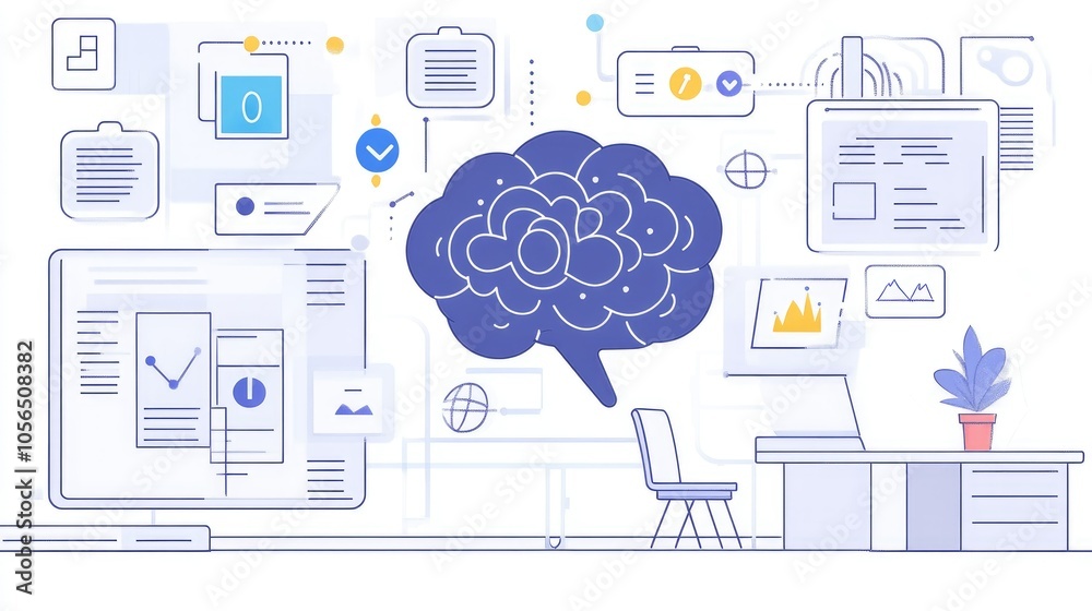 Poster Generative AI solutions in a business setting, featuring icons for project management and data