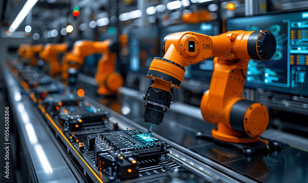 Poster a robotic arm assembles electronic components on a production line, showcasing automation and advanc