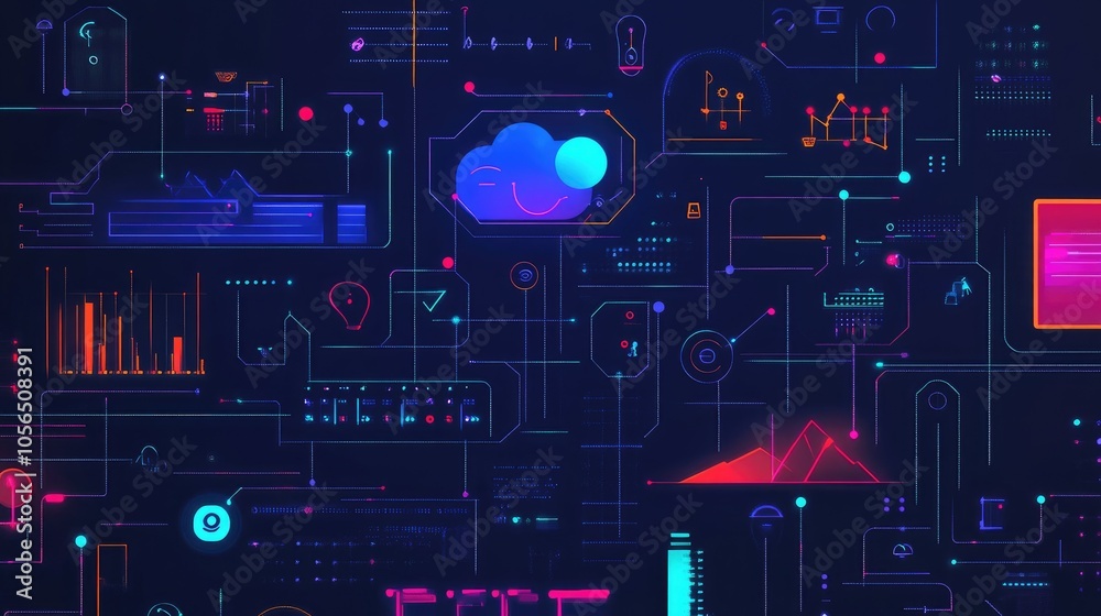 Poster Generative AI solutions in a business setting, featuring icons for project management and data