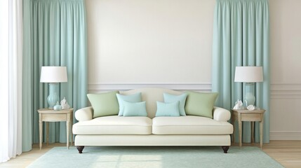 A modern living room with cream walls, a sky blue sofa, and mint green cushions
