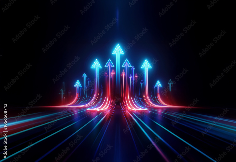 Aufkleber A dark background with a series of glowing neon red and blue arrows pointing upwards, with a few smaller arrows at the base.  The arrows appear to be in motion, streaking upwards in a dynamic display.